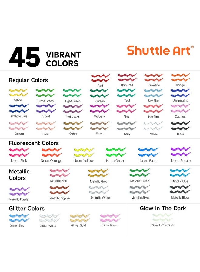 Shuttle Art Fabric Paint Set, 45 Colors 3D Permanent Paint with Brushes Palette Pen Fabric Sheet Stencils, Glow in The Dark, Glitter,Metallic Colors for Textile Fabric T-shirt Jeans Glass - Image 2