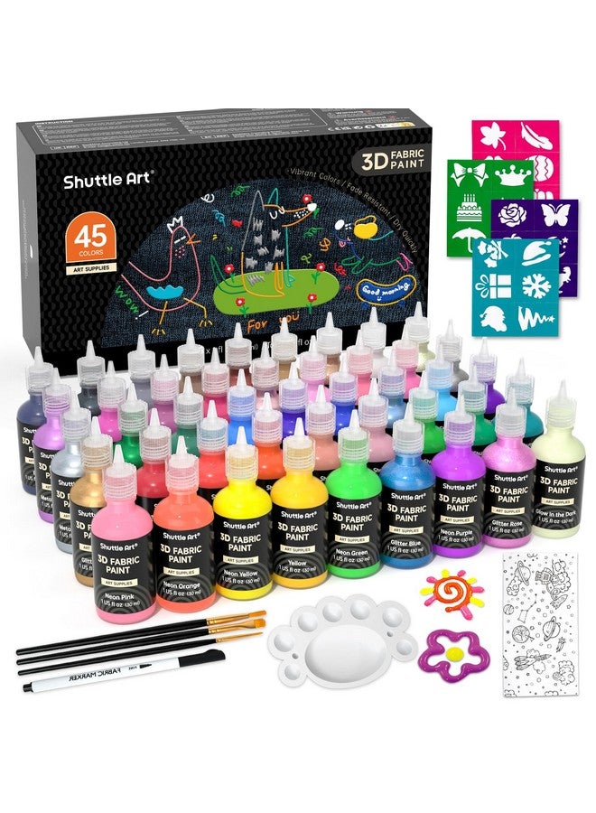 Shuttle Art Fabric Paint Set, 45 Colors 3D Permanent Paint with Brushes Palette Pen Fabric Sheet Stencils, Glow in The Dark, Glitter,Metallic Colors for Textile Fabric T-shirt Jeans Glass - Image 1