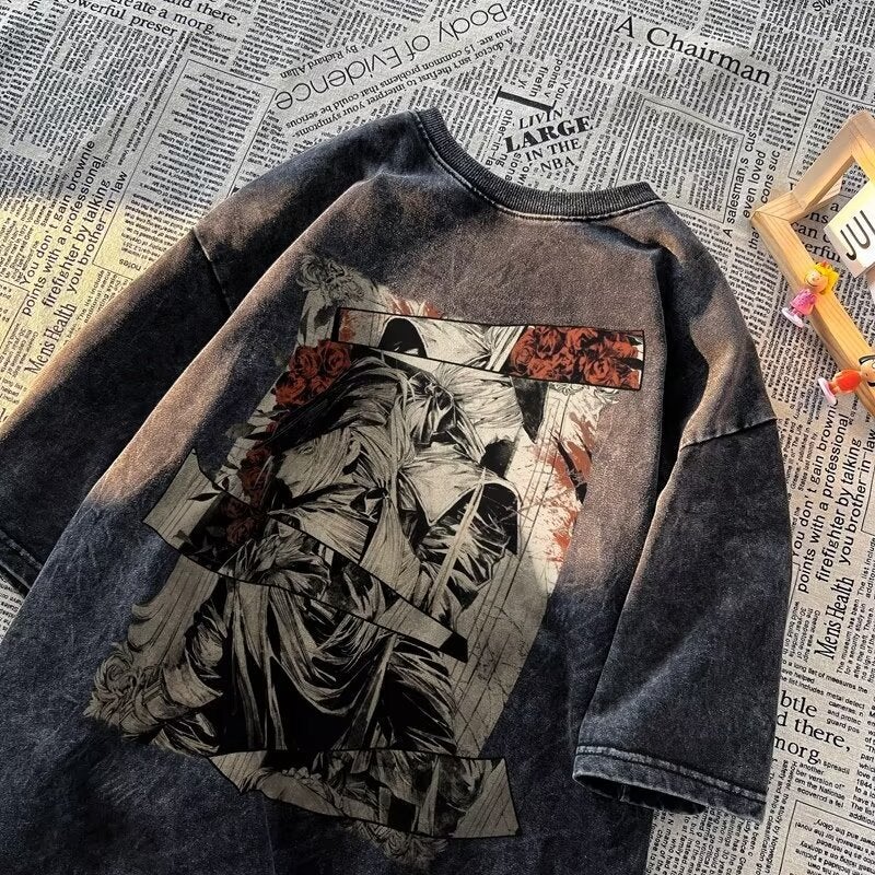 Old Style Diablo Anime Printed Street Retro T-Shirt Street Trendy Round Neck Short Sleeve T-Shirt For Men - Image 2