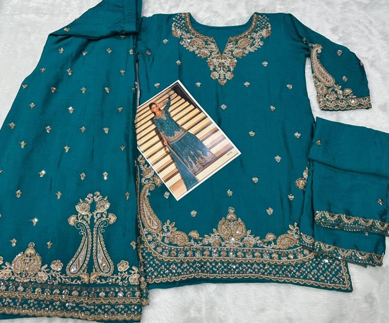 ANAITA Teal Chinon Free Size Stitched Suit with Embroidery & Beats Work - Image 3
