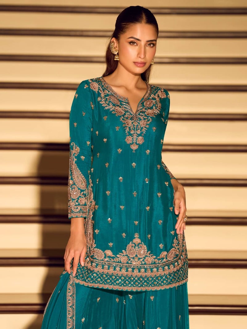 ANAITA Teal Chinon Free Size Stitched Suit with Embroidery & Beats Work - Image 2