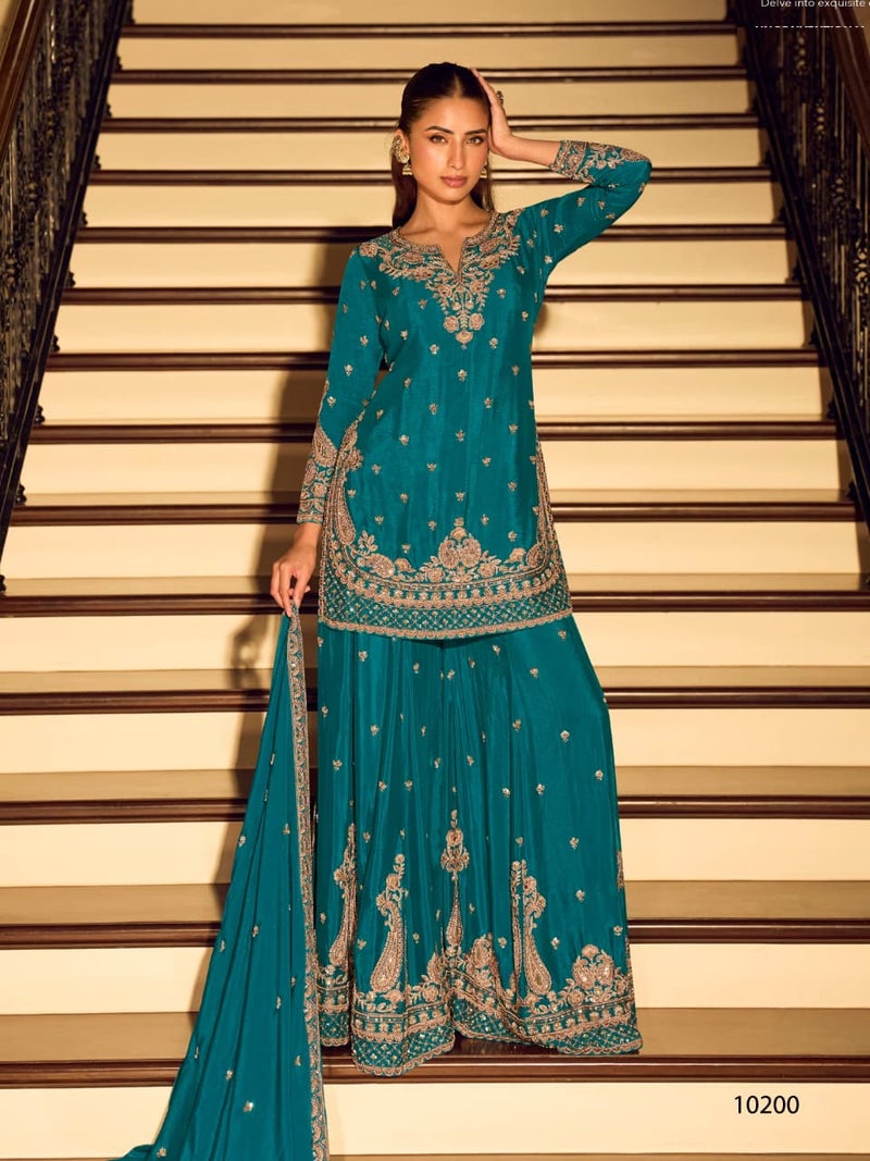 ANAITA Teal Chinon Free Size Stitched Suit with Embroidery & Beats Work - Image 1