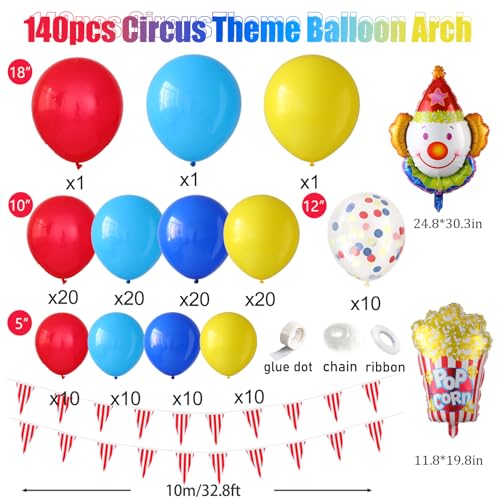 Tesochye Carnival Circus Balloon Arch Garland Kit 140 pcs Red Blue Yellow Popcorn Clown Balloons with 32ft Red and White Striped Pennant Banner for Circus Theme Birthday Party Decorations Carnival Decor - Image 5