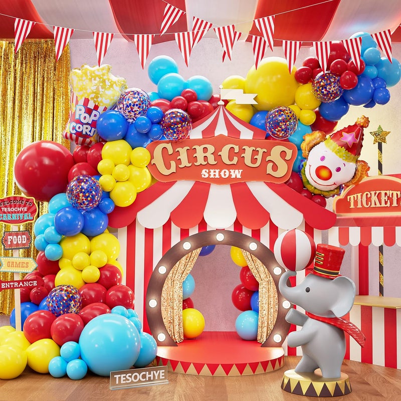 Tesochye Carnival Circus Balloon Arch Garland Kit 140 pcs Red Blue Yellow Popcorn Clown Balloons with 32ft Red and White Striped Pennant Banner for Circus Theme Birthday Party Decorations Carnival Decor - Image 3