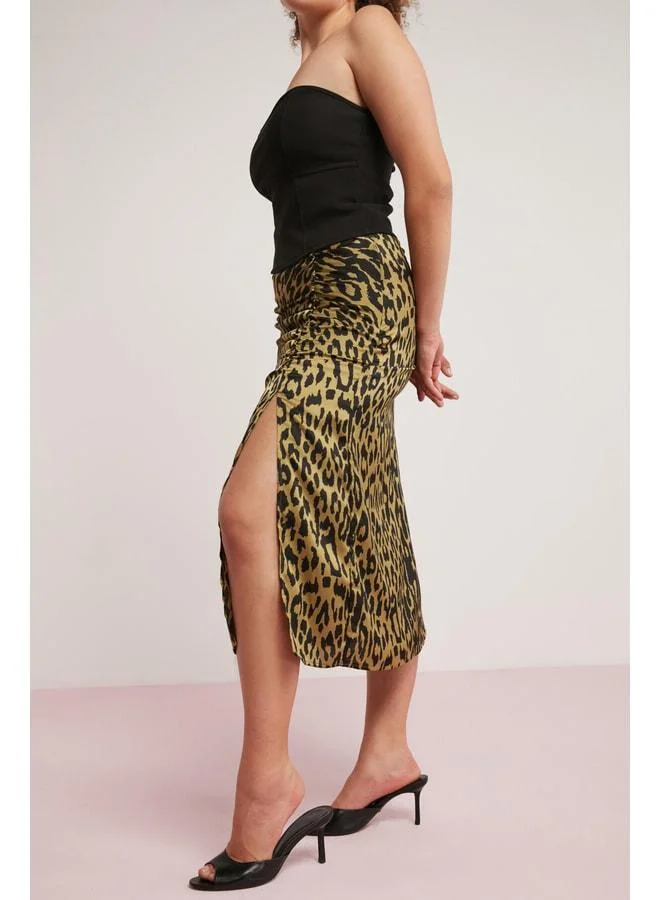 Ethiquet Jena Women's Bubble Satin Look Drape-Detail Slit Midi Patterned Plus-Size Skirt.