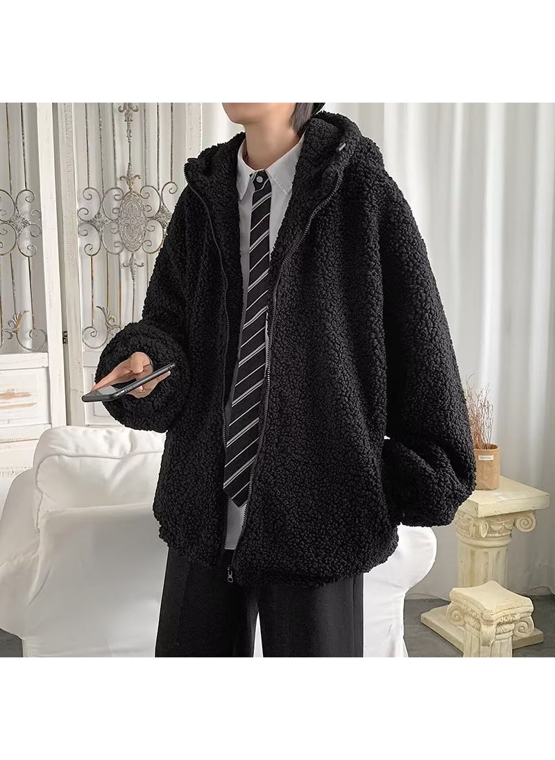 Generic - Solid Color Mens Sherpa Jacket 2022 Winter Casual Thick Hooded Top Black - Image 1