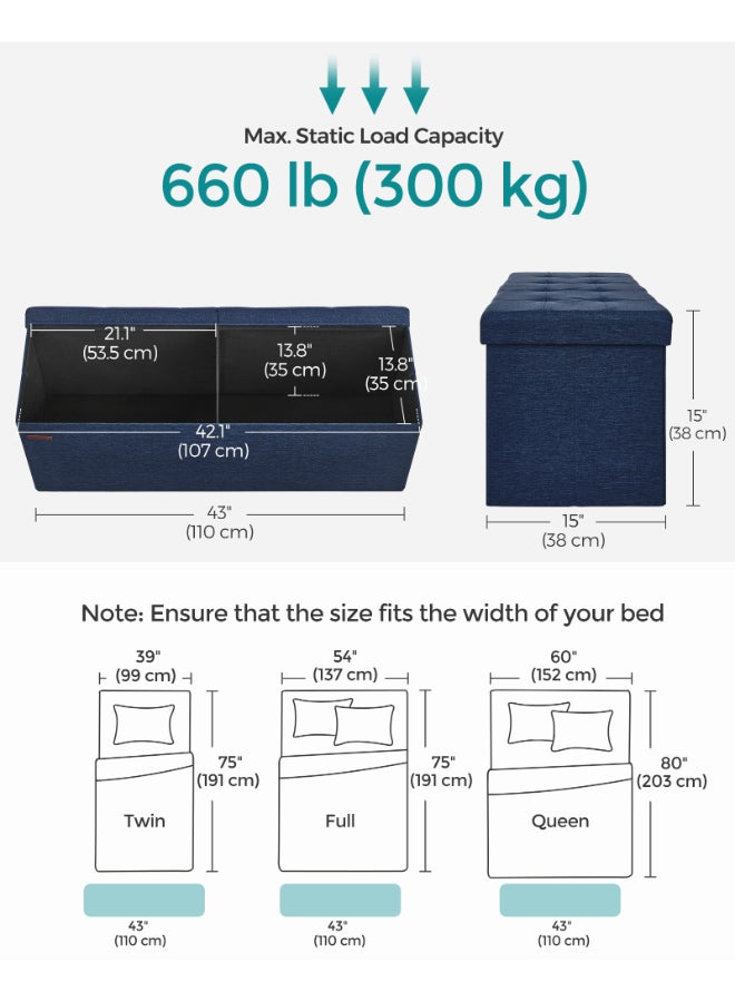 SONGMICS Stool with Storage Space,Folding Bench, 38 x 110 x 38 cm Footstool, Storage Box, Maximum Load 300 kg, for Living Room, Bedroom, Hallway, Midnight Blue - Image 4