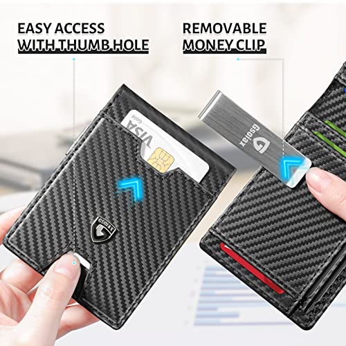 GSOIAX Men's Slim RFID Blocking Leather Wallet with Money Clip | Minimalist Carbon Fiber Bifold Credit Card Holder | 11 Card Slots | Gift Box Included(Carbon Black) - Image 5