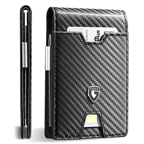 GSOIAX Men's Slim RFID Blocking Leather Wallet with Money Clip | Minimalist Carbon Fiber Bifold Credit Card Holder | 11 Card Slots | Gift Box Included(Carbon Black) - Image 1