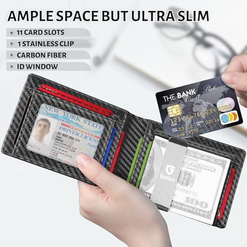 GSOIAX Men's Slim RFID Blocking Leather Wallet with Money Clip | Minimalist Carbon Fiber Bifold Credit Card Holder | 11 Card Slots | Gift Box Included(Carbon Black) - Image 3