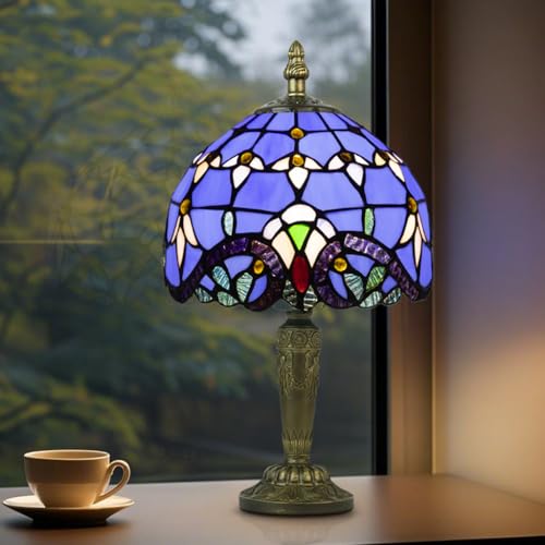 Crefotu Small Tiffany Style Table Lamp, 3 Color Temperatures Bedside Lamp, 8 Inch Stained Glass Desk Light for Home Office Bedroom Living Room (Blue Baroque) - Image 1