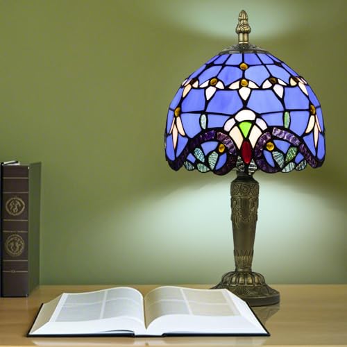Crefotu Small Tiffany Style Table Lamp, 3 Color Temperatures Bedside Lamp, 8 Inch Stained Glass Desk Light for Home Office Bedroom Living Room (Blue Baroque) - Image 4