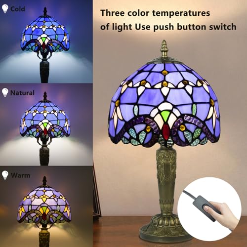 Crefotu Small Tiffany Style Table Lamp, 3 Color Temperatures Bedside Lamp, 8 Inch Stained Glass Desk Light for Home Office Bedroom Living Room (Blue Baroque) - Image 2