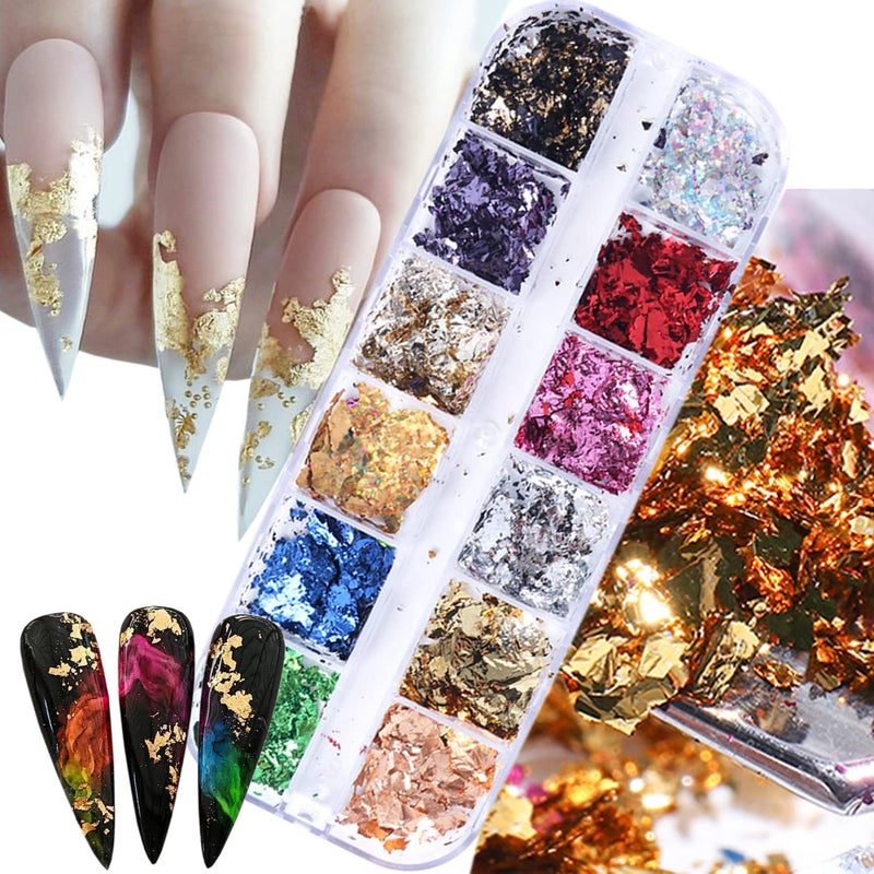 Vezocim Holographic Nail Glitter Foils, 12 Colors Sparkly Ultra-Thin Aluminum Foil Nail Art Flakes Design, Laser Nail Sequins Acrylic Supplies for Women Girls Manicure Charms Decorations, DIY 3D Nail Art Tips - Image 1