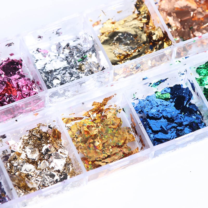 Vezocim Holographic Nail Glitter Foils, 12 Colors Sparkly Ultra-Thin Aluminum Foil Nail Art Flakes Design, Laser Nail Sequins Acrylic Supplies for Women Girls Manicure Charms Decorations, DIY 3D Nail Art Tips - Image 2