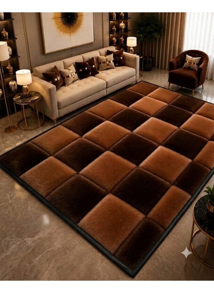 7D Carpet Alternative Rug with Plush Checkerboard Design - Anti-Slip Dots Backing & Washable - Size 180x280 cm - Dark Espresso & Camel - Image 3