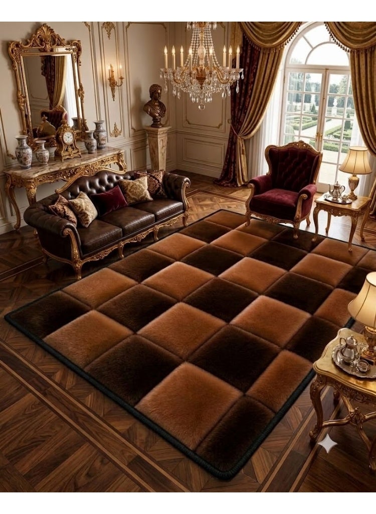 7D Carpet Alternative Rug with Plush Checkerboard Design - Anti-Slip Dots Backing & Washable - Size 180x280 cm - Dark Espresso & Camel - Image 1