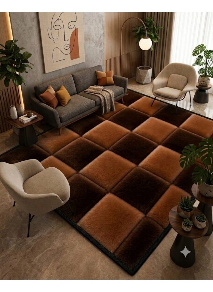 7D Carpet Alternative Rug with Plush Checkerboard Design - Anti-Slip Dots Backing & Washable - Size 180x280 cm - Dark Espresso & Camel - Image 2