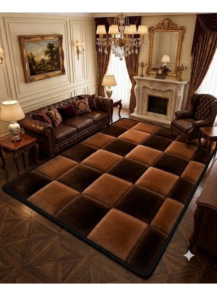 7D Carpet Alternative Rug with Plush Checkerboard Design - Anti-Slip Dots Backing & Washable - Size 180x280 cm - Dark Espresso & Camel - Image 4