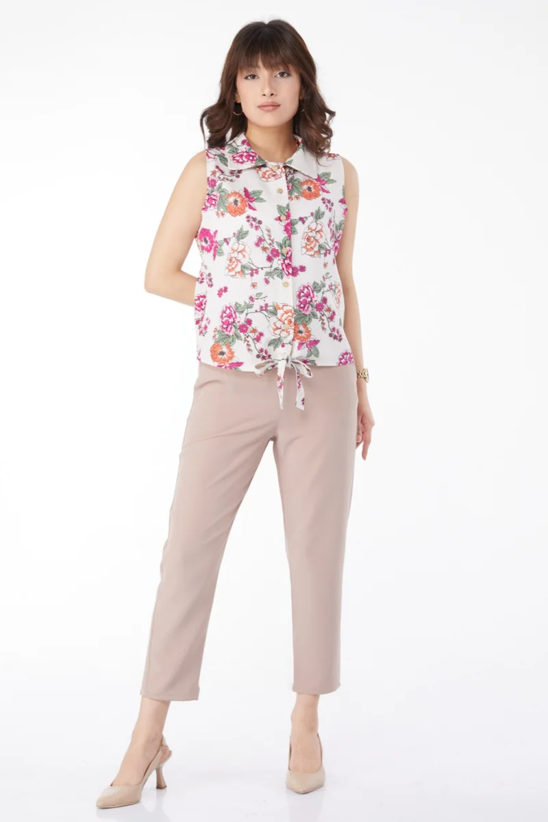 Tofisa Plain Shirt Collar Women Fuchsia Waist Tied Patterned Shirt - 13152