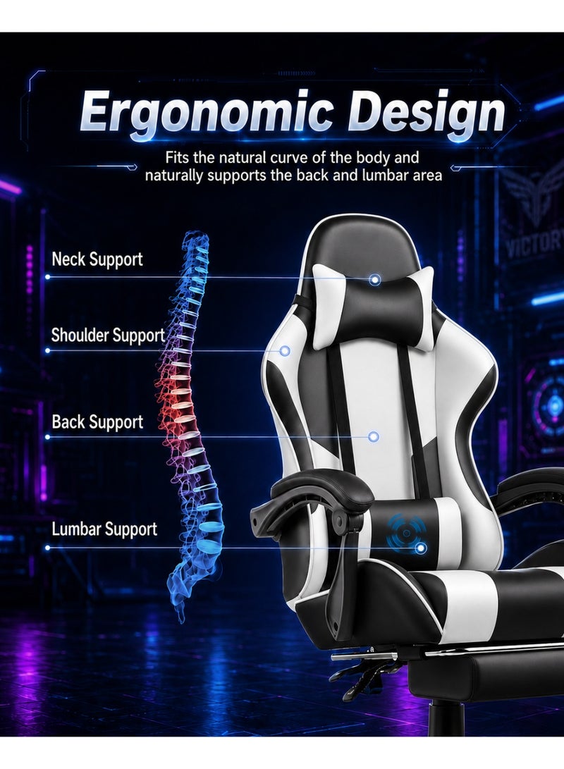 FUOE Gaming chair with footrest, computer chair with lumbar support, height-adjustable gaming chair, with lumbar massage function, 360° rotating seat and headrest, suitable for office or gaming (black and white). - Image 2