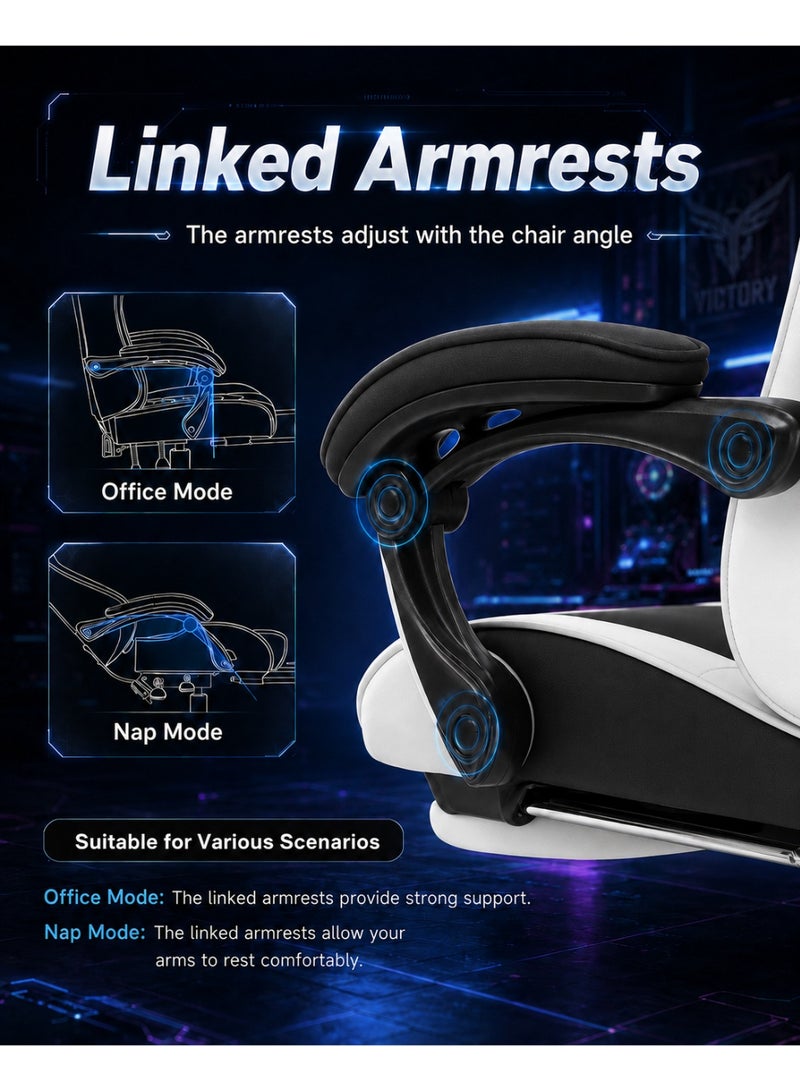 FUOE Gaming chair with footrest, computer chair with lumbar support, height-adjustable gaming chair, with lumbar massage function, 360° rotating seat and headrest, suitable for office or gaming (black and white). - Image 3
