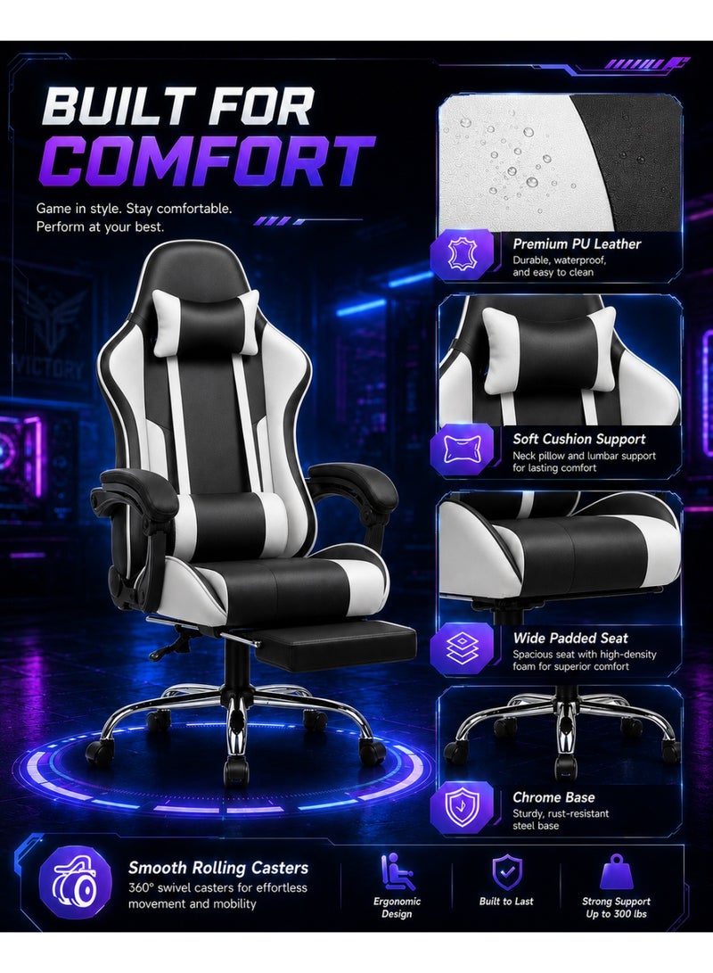 FUOE Gaming chair with footrest, computer chair with lumbar support, height-adjustable gaming chair, with lumbar massage function, 360° rotating seat and headrest, suitable for office or gaming (black and white). - Image 5