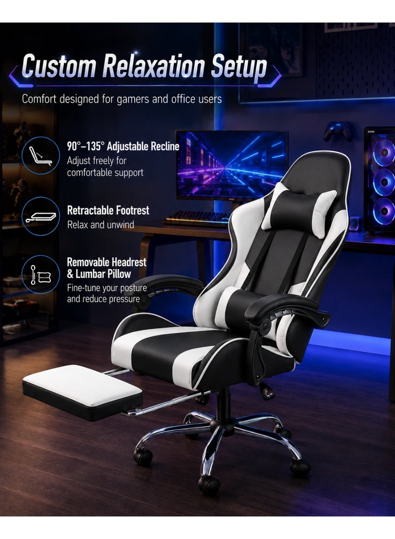 FUOE Gaming chair with footrest, computer chair with lumbar support, height-adjustable gaming chair, with lumbar massage function, 360° rotating seat and headrest, suitable for office or gaming (black and white). - Image 4