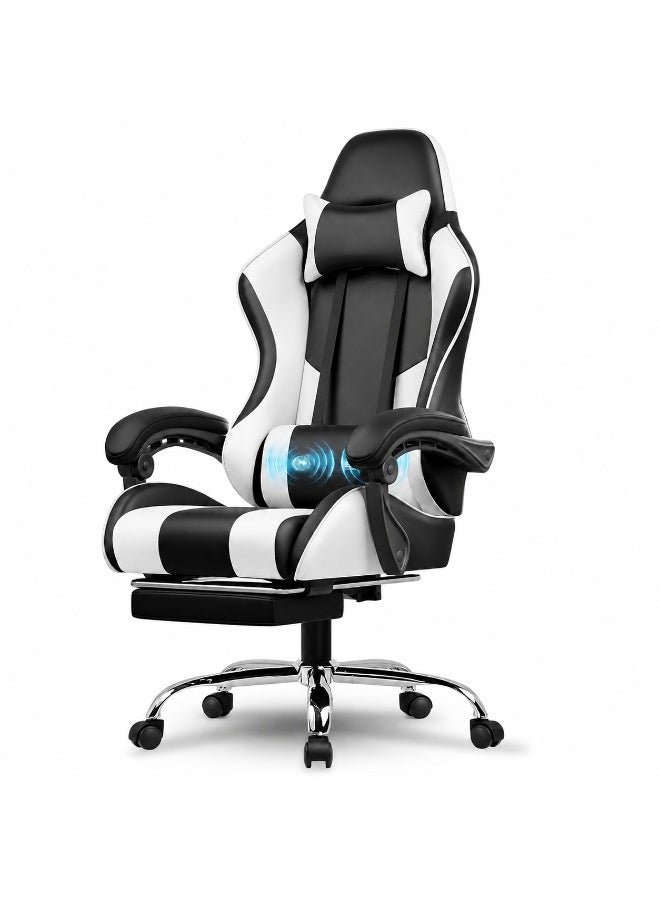 FUOE Gaming chair with footrest, computer chair with lumbar support, height-adjustable gaming chair, with lumbar massage function, 360° rotating seat and headrest, suitable for office or gaming (black and white). - Image 1