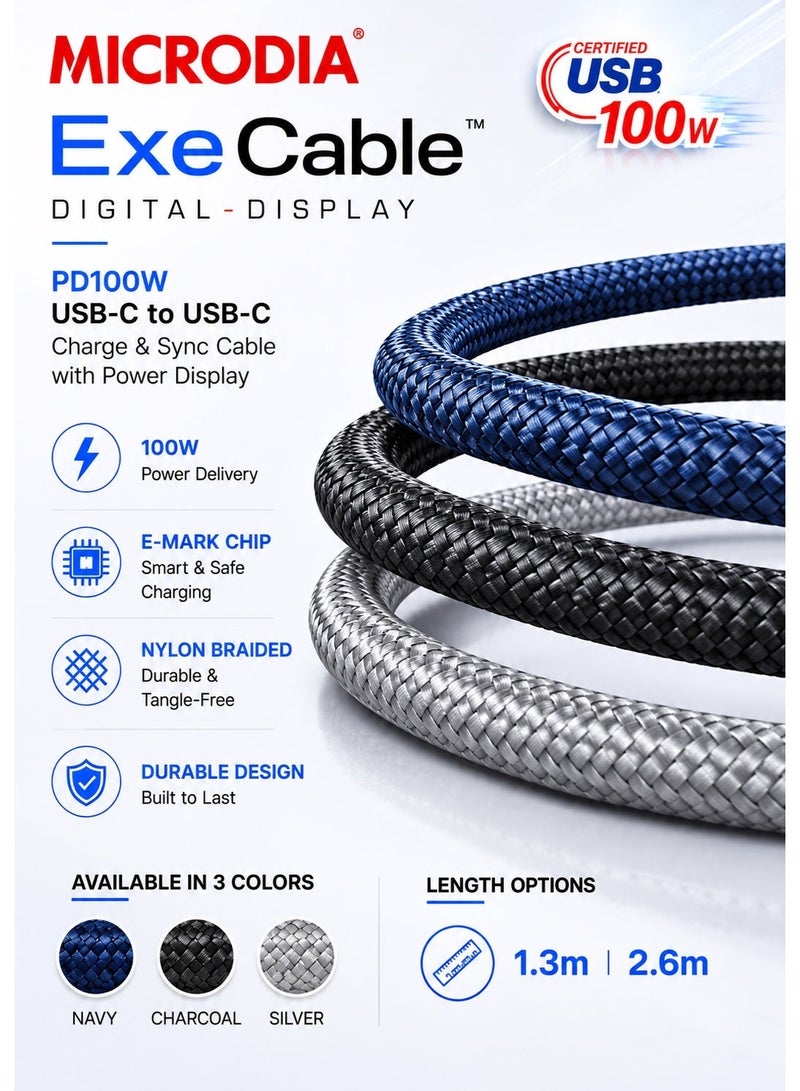 ميكروديا [[MICRODIA]] كابل شحن سريع بقوة 100 واط USB-C إلى USB-C مع شاشة LCD رقمية، سلك شحن مجدول كيفلار فائق المتانة (PD) لأجهزة الكمبيوتر المحمولة والأجهزة اللوحية (1.3 م/2.6 م) - فضي - Image 2