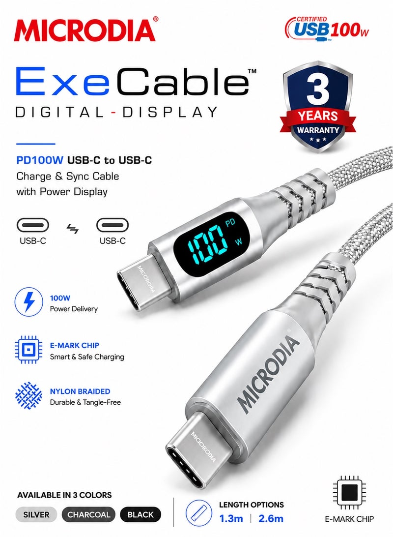 ميكروديا [[MICRODIA]] كابل شحن سريع بقوة 100 واط USB-C إلى USB-C مع شاشة LCD رقمية، سلك شحن مجدول كيفلار فائق المتانة (PD) لأجهزة الكمبيوتر المحمولة والأجهزة اللوحية (1.3 م/2.6 م) - فضي - Image 1