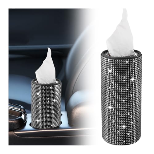 VKQTS Bling Car Tissue Holder for Cup HolderRhinestone Travel Car Tissue Box30 Tissues3plyUniversal Cylinder Tissues Dispenser for Cars Interior Decor as Gift for Women Black - Image 1