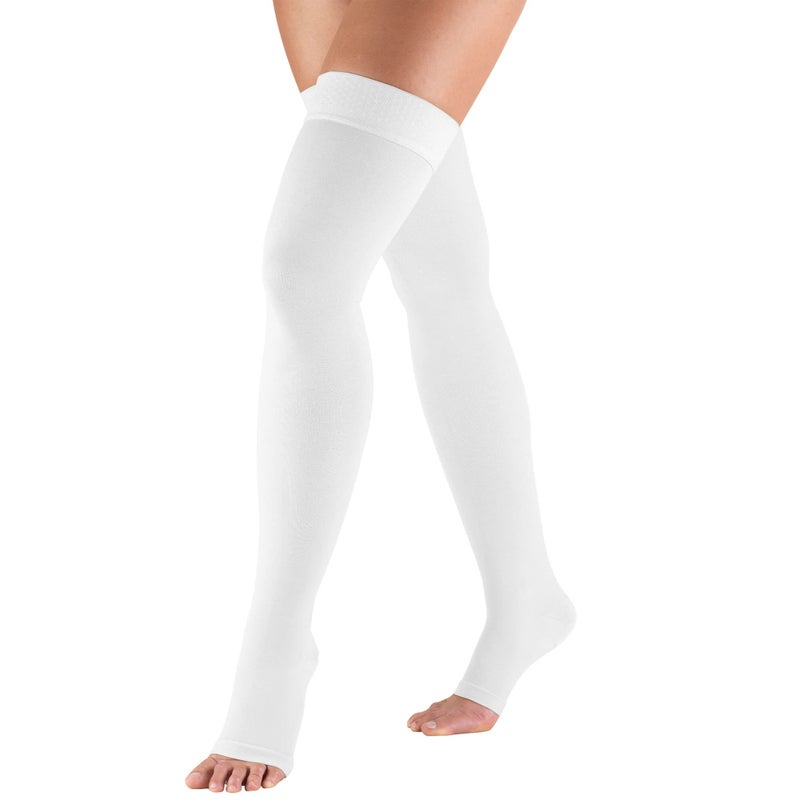Truform Truform 2030 mmHg Compression Stockings for Men and Women Thigh High Length DotTop Open Toe White Medium