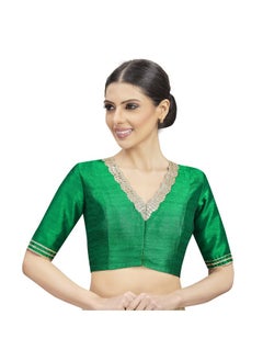 Studio Shringaar Studio Shringaar Women's Elbow Length Sleeves Readymade Silky Saree Blouse With Embroidered Neckline (Green, 42)  - Image 1