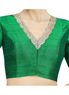 Studio Shringaar Studio Shringaar Women's Elbow Length Sleeves Readymade Silky Saree Blouse With Embroidered Neckline (Green, 42)  - Image 3