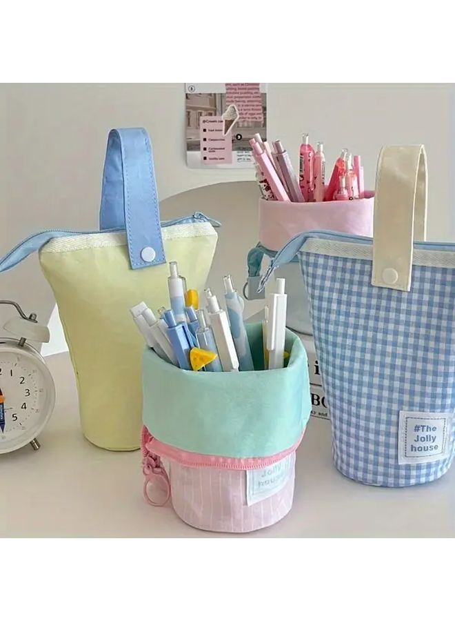 Blue Grid Large Capacity Zippered Pencil Case With Multiple Compartments Durable Canvas Desk Organizer For School Office Supplies Pens Markers Stationery Storage - Image 1