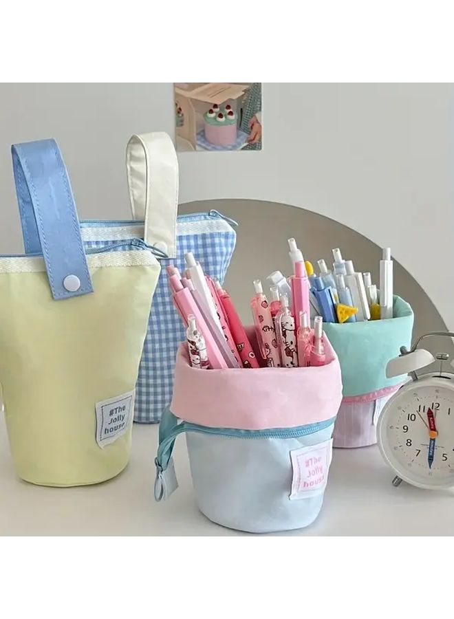 Blue Grid Large Capacity Zippered Pencil Case With Multiple Compartments Durable Canvas Desk Organizer For School Office Supplies Pens Markers Stationery Storage - Image 4