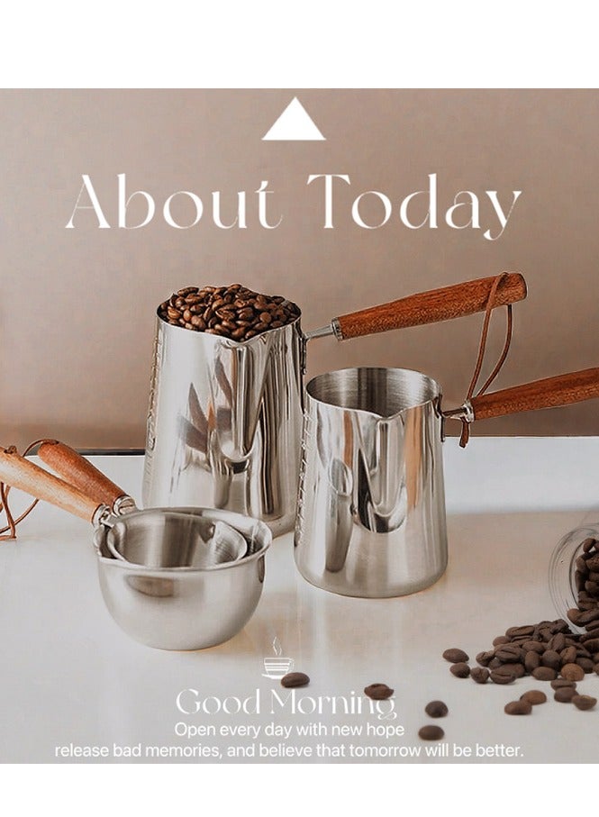 12 oz (approx. 340.2 g), 350 ml 304 Stainless Steel Kettle with Wooden Handle Metal Milk Foaming Kettle, Oz and mL Marked Stainless Steel Measuring Cup, Suitable for Coffee Milk, Dishwasher Safe  - Image 1