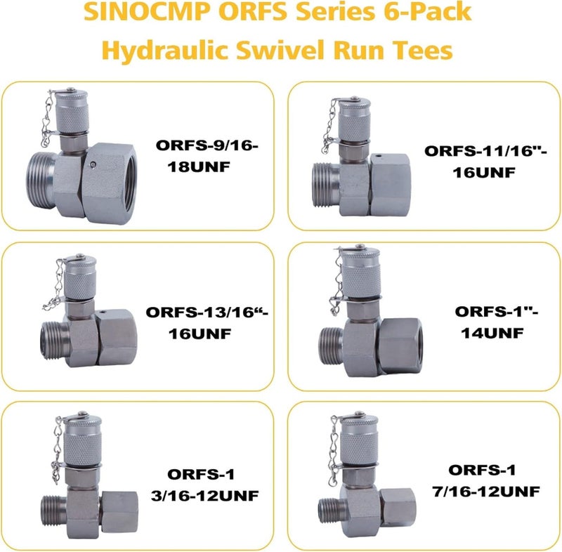 SINOCMP ORFS 6 Pack Hydraulic Swivel Run Tees Connector Tester Coupling Set for Excavator Construction Machinery Hydraulic System - Image 5