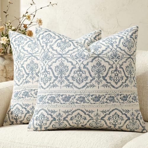 OMMATO Blue Vintage Floral Pillow Covers: 18x18 Decorative Rustic Patterned Throw Pillows - Farmhouse Boho Couch Sofa Cushions Pillowcases Set of 2 Modern Living Room Square Cotton Throw Pillow Covers - Image 1