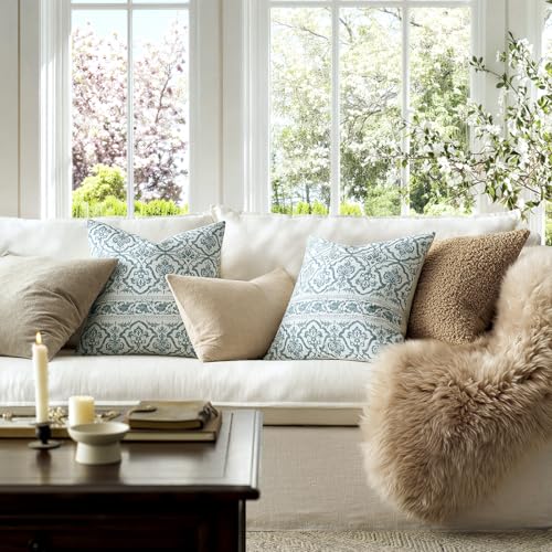 OMMATO Blue Vintage Floral Pillow Covers: 18x18 Decorative Rustic Patterned Throw Pillows - Farmhouse Boho Couch Sofa Cushions Pillowcases Set of 2 Modern Living Room Square Cotton Throw Pillow Covers - Image 5