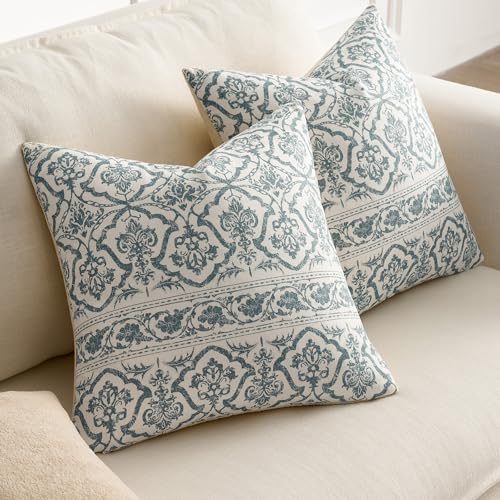 OMMATO Blue Vintage Floral Pillow Covers: 18x18 Decorative Rustic Patterned Throw Pillows - Farmhouse Boho Couch Sofa Cushions Pillowcases Set of 2 Modern Living Room Square Cotton Throw Pillow Covers - Image 3