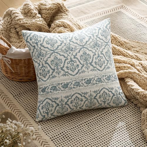 OMMATO Blue Vintage Floral Pillow Covers: 18x18 Decorative Rustic Patterned Throw Pillows - Farmhouse Boho Couch Sofa Cushions Pillowcases Set of 2 Modern Living Room Square Cotton Throw Pillow Covers - Image 2