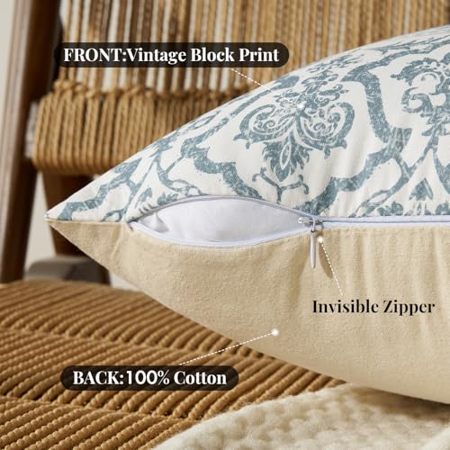 OMMATO Blue Vintage Floral Pillow Covers: 18x18 Decorative Rustic Patterned Throw Pillows - Farmhouse Boho Couch Sofa Cushions Pillowcases Set of 2 Modern Living Room Square Cotton Throw Pillow Covers - Image 4