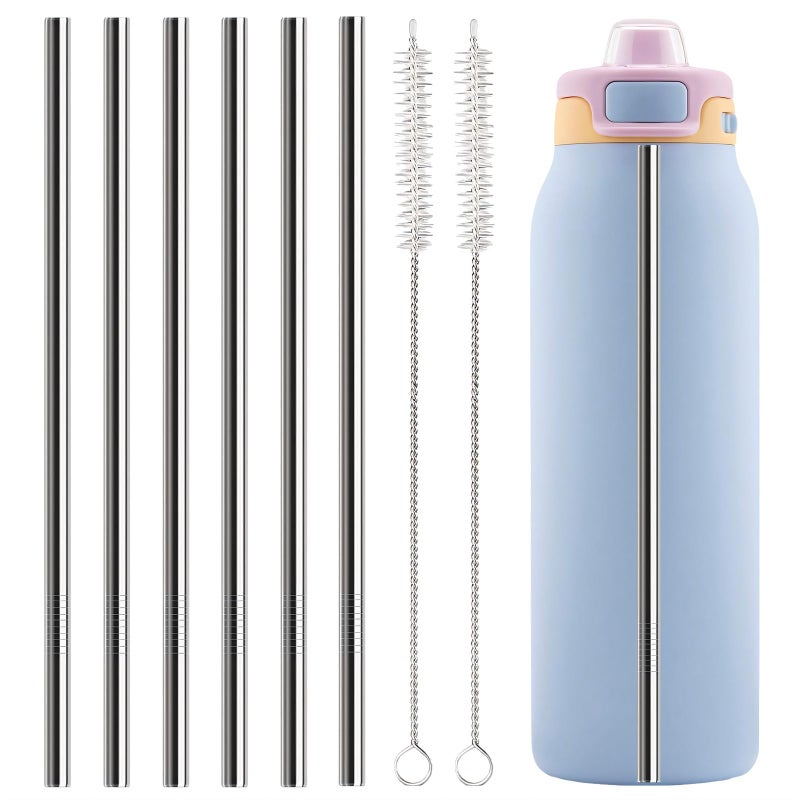 QUVIAE Metal Straws Replacement for Ello Pop & Fill 32 oz Accessories, 6 PCS Reusable Stainless Steel Straw with 2 Cleaning Brush, Compatible with Ello Water Bottle - Image 1