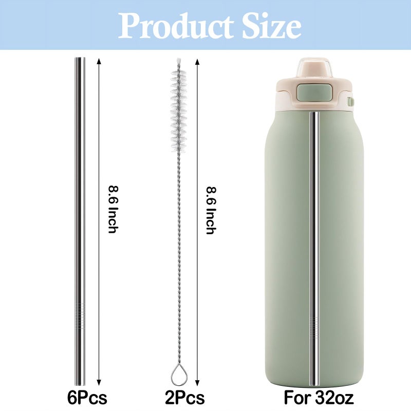 QUVIAE Metal Straws Replacement for Ello Pop & Fill 32 oz Accessories, 6 PCS Reusable Stainless Steel Straw with 2 Cleaning Brush, Compatible with Ello Water Bottle - Image 2