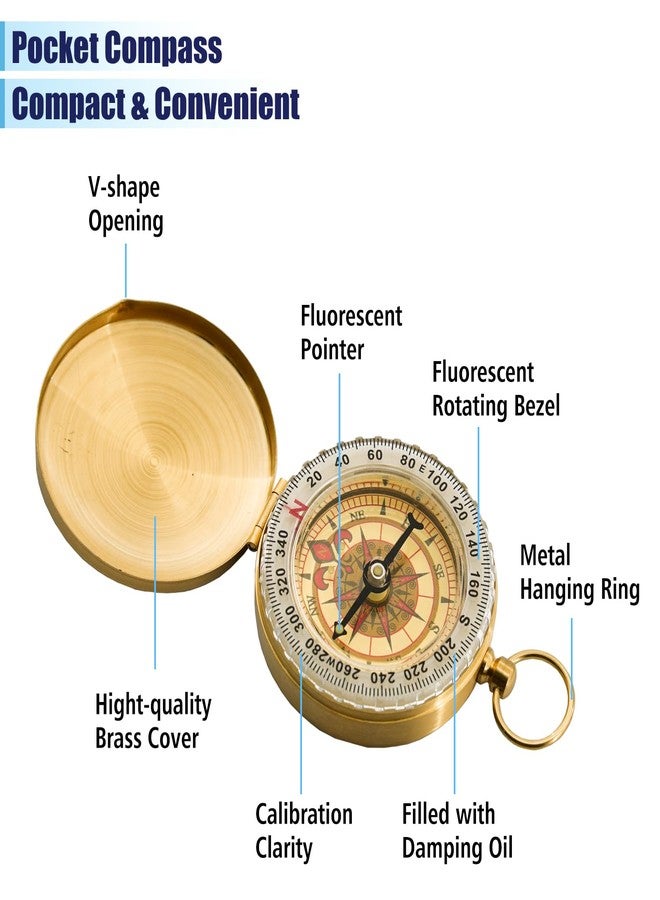 Rovella One Pack Camping Survival Compass, Metal Brass Pocket Compass with Keychain, Glow in The Dark Survival Gear for Hiking Camping Hunting Navigation - Image 4
