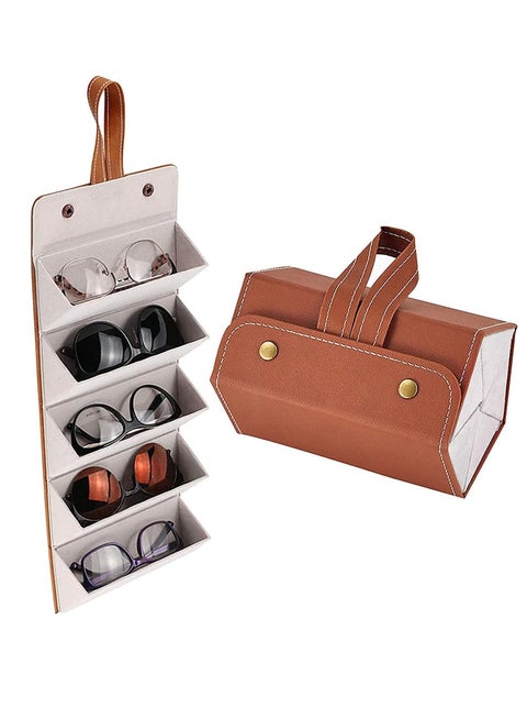 Leather Multiple Glasses Storage Case, New Upgrade 5-Slot Sunglasses Travel Organizer Foldable Eyeglasses Storage Box Hanging Eyewear Holder Display