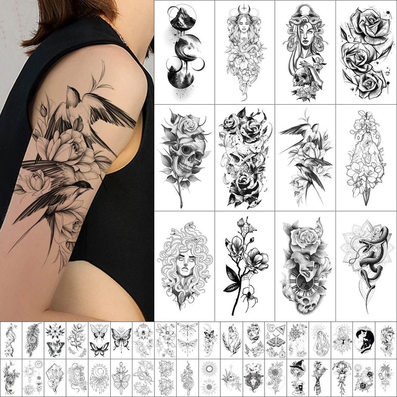 GLARYYEARS Temporary Tattoo for Women 48Pack Longlasting Realistic Tattoos 12 Large 36 Small Fake Tattoo Sticker Beautiful Bird Flower Designs for Girls Adults Men Black Body Half Arm Tattoos