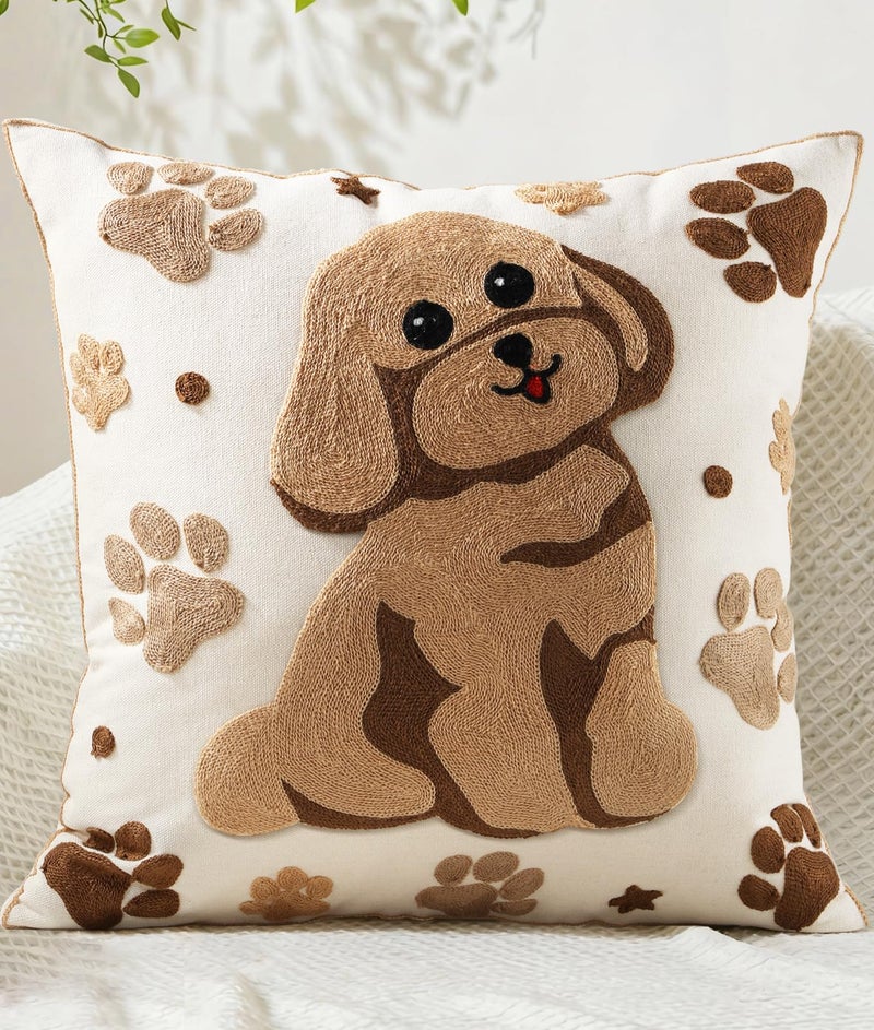 Kokaaee Embroidered Throw Pillow Cover 18x18 Inch - Spring Decorative Animal Pillow Covers with Zipper for Couch Sofa Bedroom Living Room Cushion Pillowcase, Cute Dog - Image 1